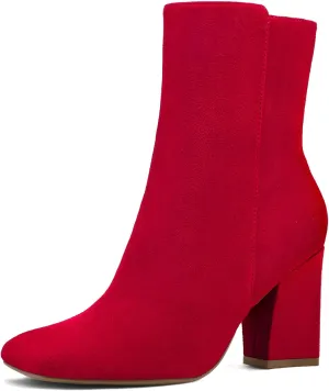 mysoft Women's Ankle Boots Square Toe Side Zipper GoGo Boots Chunky Block Heel Mid Calf Low Heeled Short Booties
