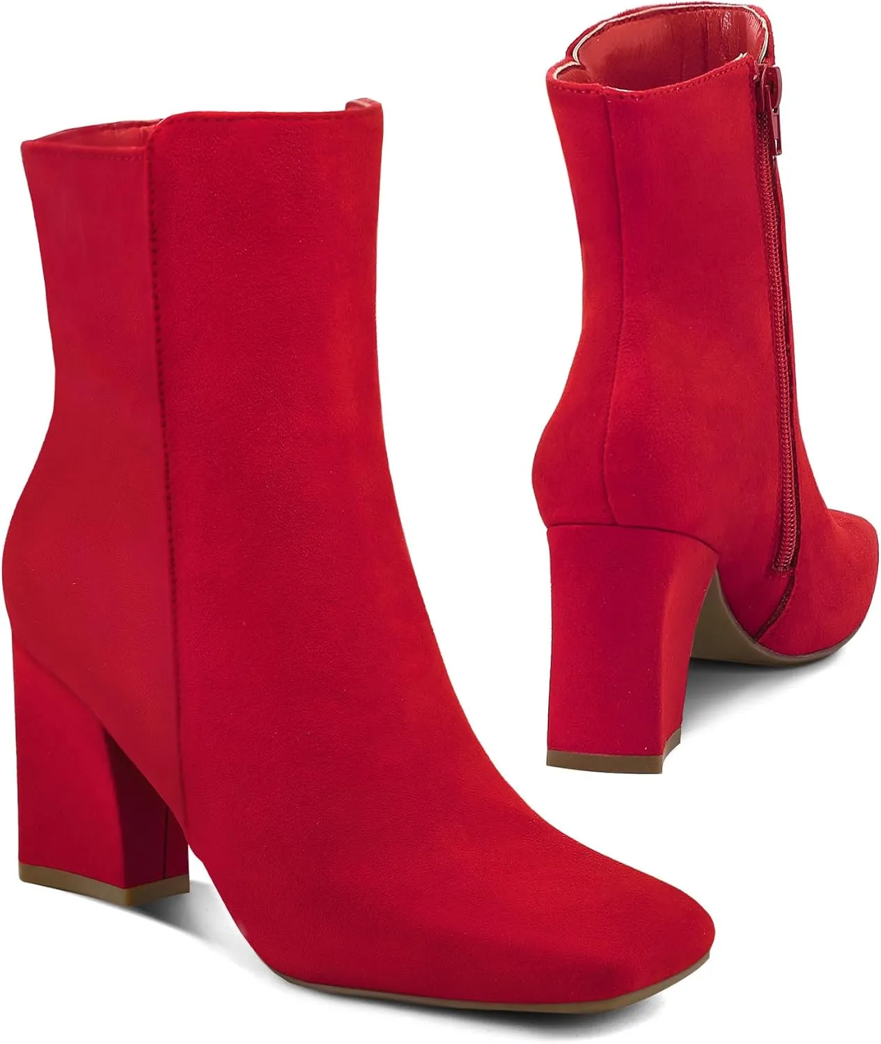 mysoft Women's Ankle Boots Square Toe Side Zipper GoGo Boots Chunky Block Heel Mid Calf Low Heeled Short Booties