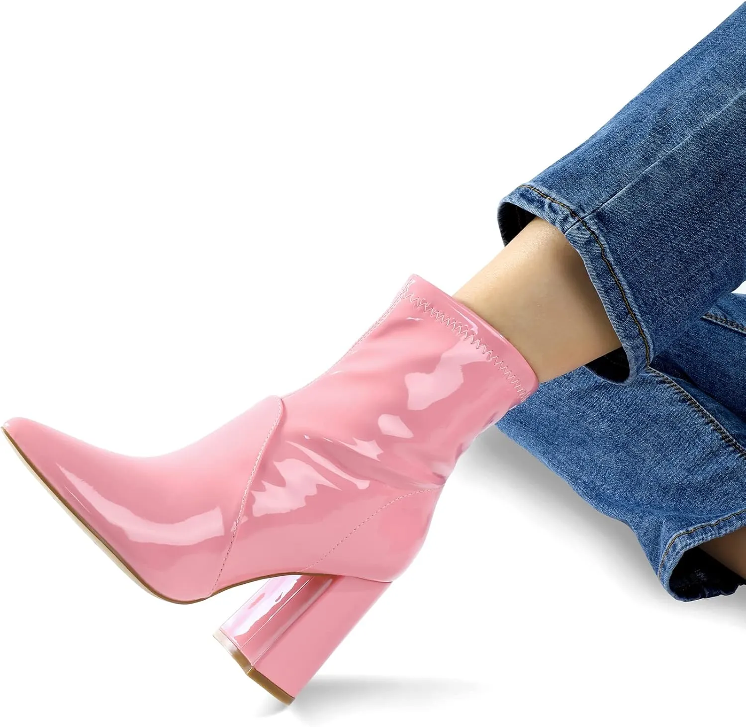 mysoft Women's GoGo Boots Mid Calf Block Heel Ankle Boots Pointed Toe Patent Leather Side Zipper Booties