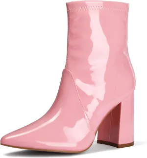 mysoft Women's GoGo Boots Mid Calf Block Heel Ankle Boots Pointed Toe Patent Leather Side Zipper Booties