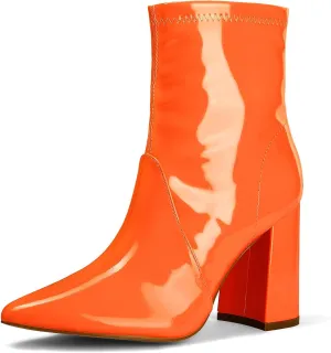 mysoft Women's GoGo Boots Mid Calf Block Heel Ankle Boots Pointed Toe Patent Leather Side Zipper Booties