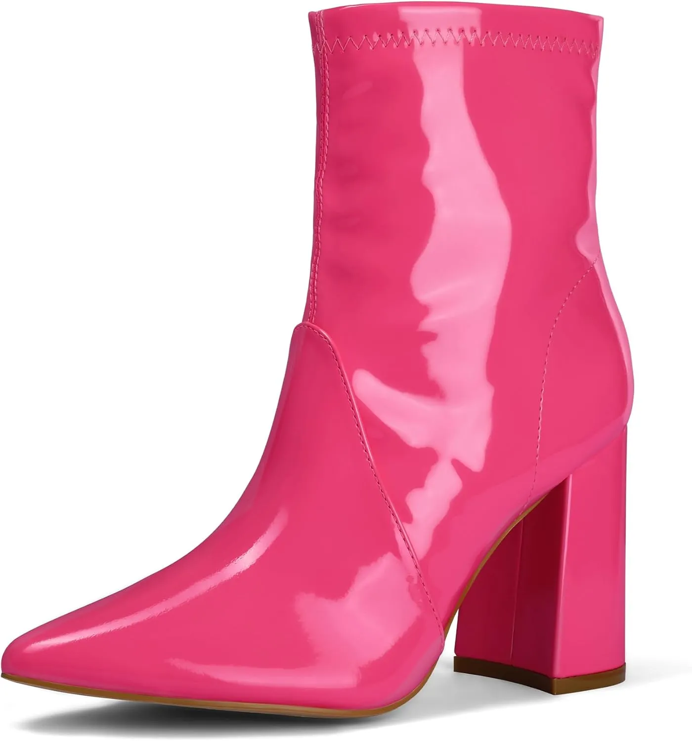 mysoft Women's GoGo Boots Mid Calf Block Heel Ankle Boots Pointed Toe Patent Leather Side Zipper Booties