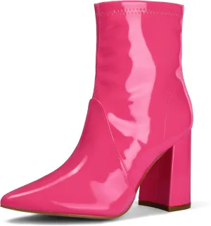 mysoft Women's GoGo Boots Mid Calf Block Heel Ankle Boots Pointed Toe Patent Leather Side Zipper Booties