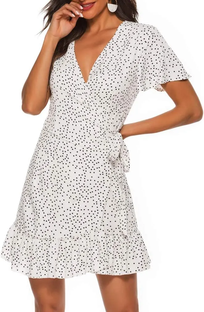 Naggoo Women's Summer Wrap V Neck Polka Dot Print Ruffle Short Sleeve Mini Floral Dress with Belt