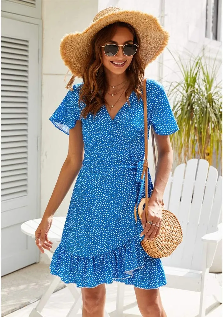Naggoo Women's Summer Wrap V Neck Polka Dot Print Ruffle Short Sleeve Mini Floral Dress with Belt
