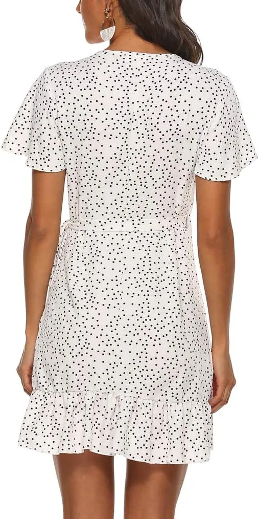 Naggoo Women's Summer Wrap V Neck Polka Dot Print Ruffle Short Sleeve Mini Floral Dress with Belt