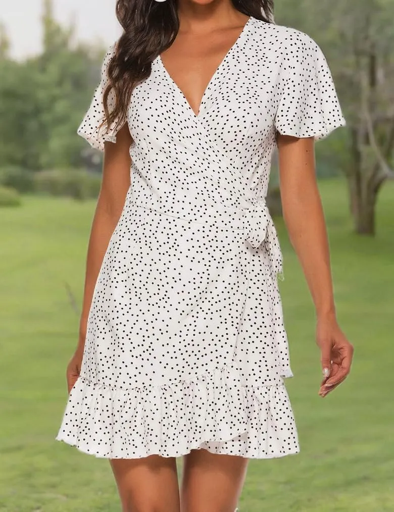 Naggoo Women's Summer Wrap V Neck Polka Dot Print Ruffle Short Sleeve Mini Floral Dress with Belt