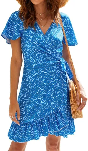 Naggoo Women's Summer Wrap V Neck Polka Dot Print Ruffle Short Sleeve Mini Floral Dress with Belt