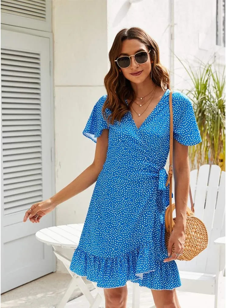 Naggoo Women's Summer Wrap V Neck Polka Dot Print Ruffle Short Sleeve Mini Floral Dress with Belt