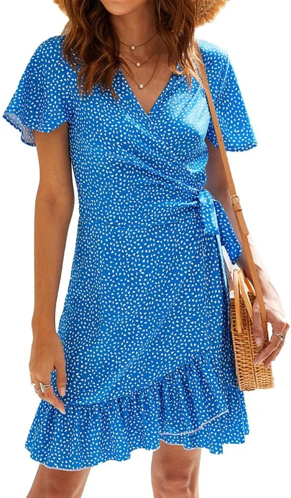 Naggoo Women's Summer Wrap V Neck Polka Dot Print Ruffle Short Sleeve Mini Floral Dress with Belt