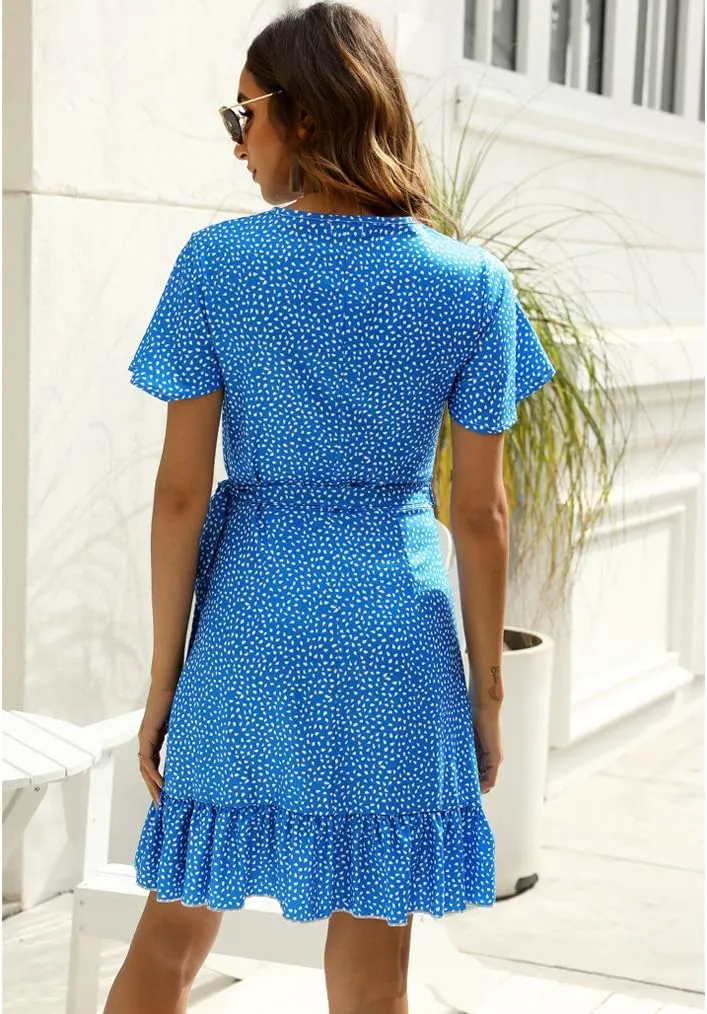 Naggoo Women's Summer Wrap V Neck Polka Dot Print Ruffle Short Sleeve Mini Floral Dress with Belt
