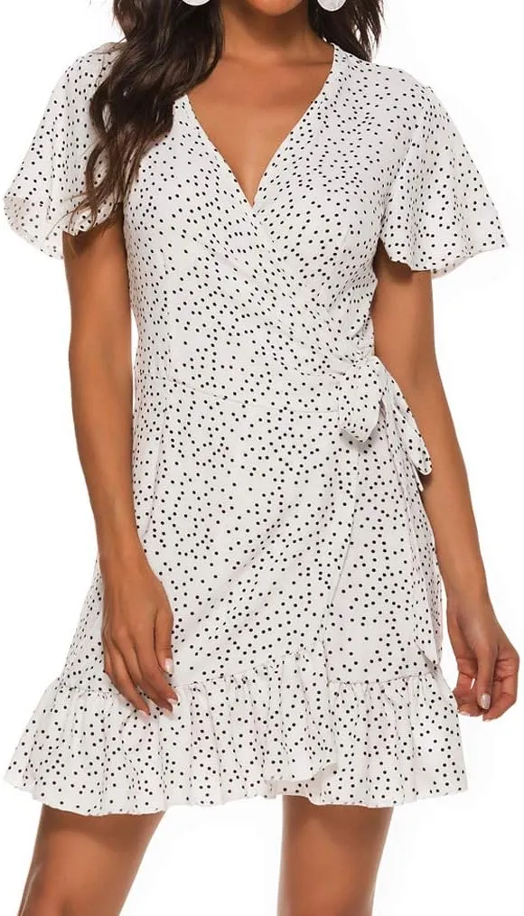 Naggoo Women's Summer Wrap V Neck Polka Dot Print Ruffle Short Sleeve Mini Floral Dress with Belt