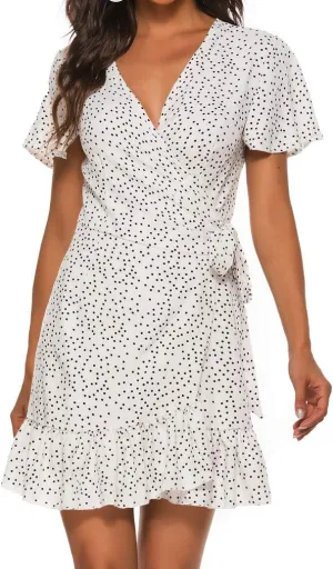 Naggoo Women's Summer Wrap V Neck Polka Dot Print Ruffle Short Sleeve Mini Floral Dress with Belt