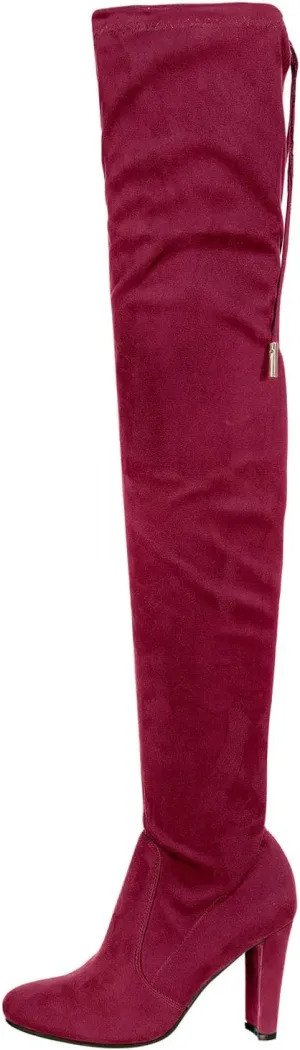 Nature Breeze Womens Eve-01 Stretchy Thigh High Pull String Chunk Heel Combat Boots