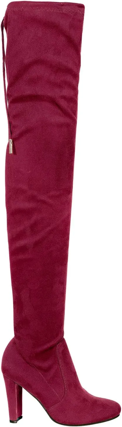 Nature Breeze Womens Eve-01 Stretchy Thigh High Pull String Chunk Heel Combat Boots