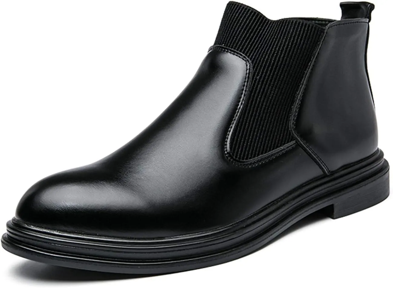 New Men's Chelsea Boots Round Toe Simple Shiny PU Leather Slip On Waterproof Non Wearable Dress Classic Slip On