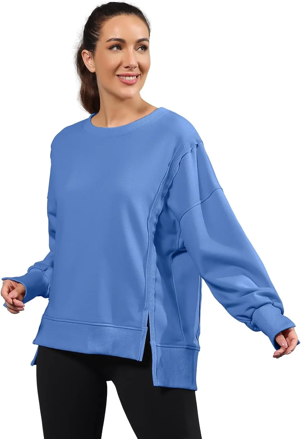 Nirovien Womens Oversized Crewneck Sweatshirt Side Slit Long Sleeve Pullover Slouchy Fit Tops