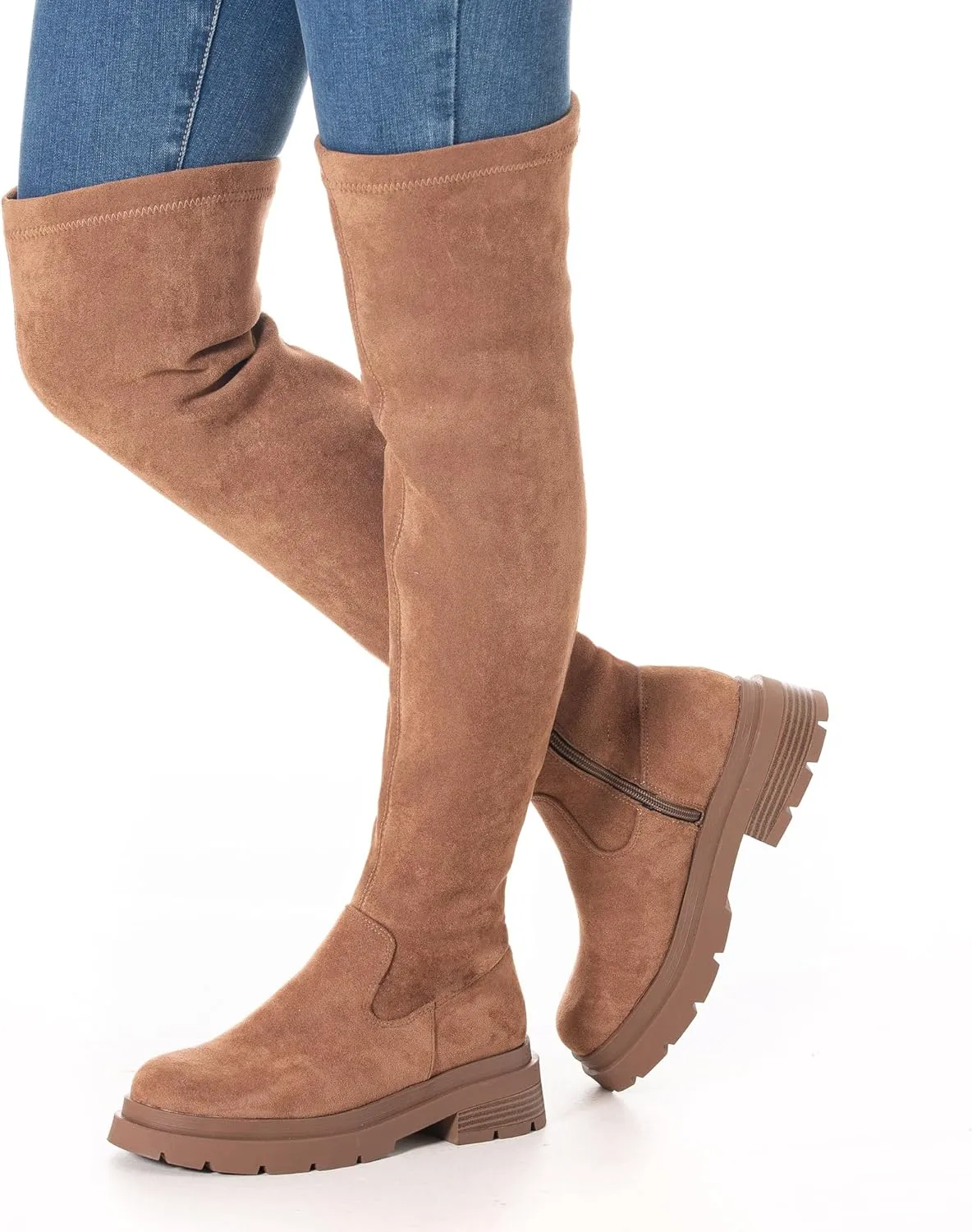 N.N.G Women Over the Knee Boots Low Heel Winter Block Suede Thigh High Chunky OTK Long Comfort