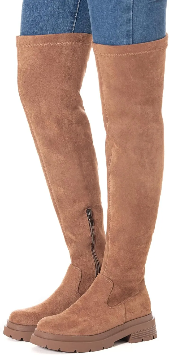 N.N.G Women Over the Knee Boots Low Heel Winter Block Suede Thigh High Chunky OTK Long Comfort