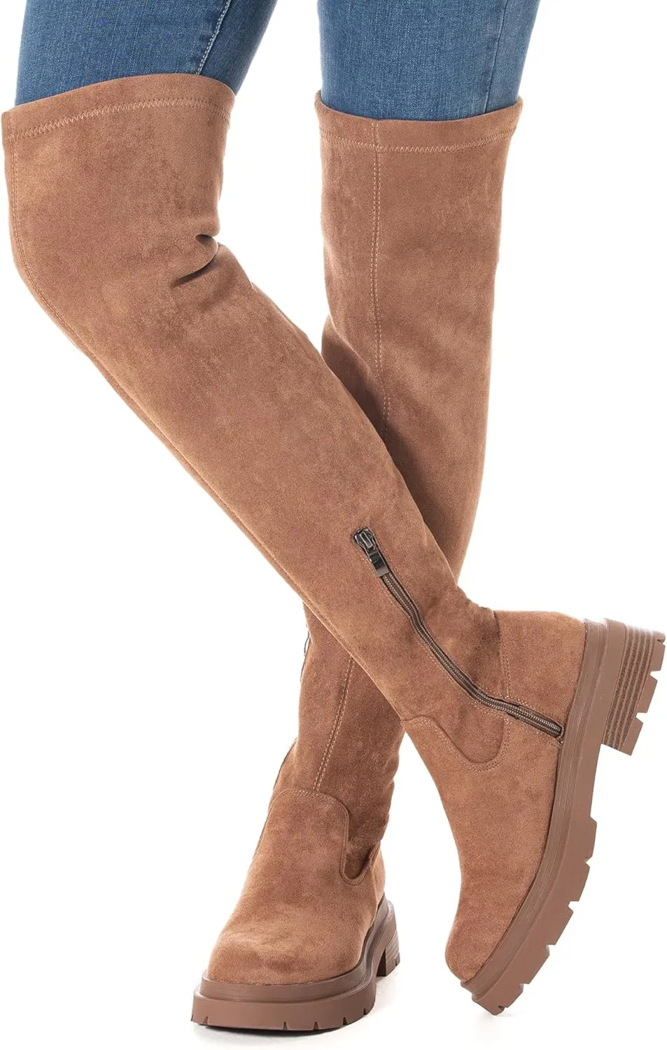 N.N.G Women Over the Knee Boots Low Heel Winter Block Suede Thigh High Chunky OTK Long Comfort