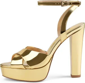 Oh Mispares Block High Heel Sandals for Women Peep Toe Platform Cross Strappy Sexy Heeled Gold Slingback Heels for Dress Jeans Summer Weddings