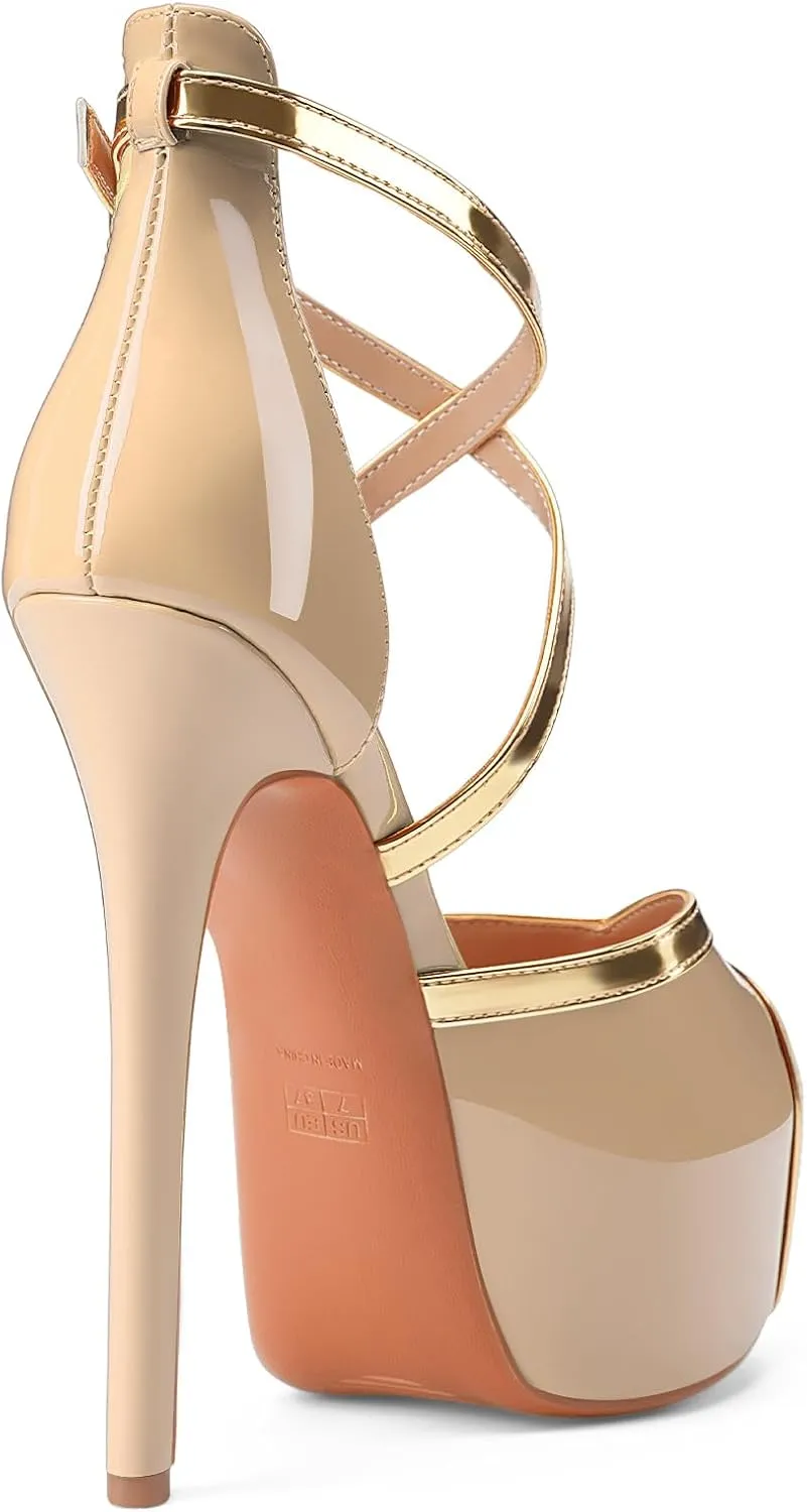 Oh Mispares Stiletto High Heel Sandals Platform Peep Toe Gold Crisscross Strappy Buckle Comfy 6 inch Heeled Spring Summer Sandals for Women Dressy