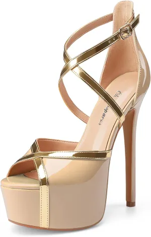 Oh Mispares Stiletto High Heel Sandals Platform Peep Toe Gold Crisscross Strappy Buckle Comfy 6 inch Heeled Spring Summer Sandals for Women Dressy