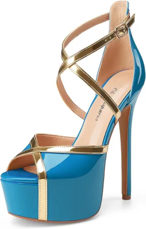 Oh Mispares Stiletto High Heel Sandals Platform Peep Toe Gold Crisscross Strappy Buckle Comfy 6 inch Heeled Spring Summer Sandals for Women Dressy