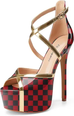 Oh Mispares Stiletto High Heel Sandals Platform Peep Toe Gold Crisscross Strappy Buckle Comfy 6 inch Heeled Spring Summer Sandals for Women Dressy