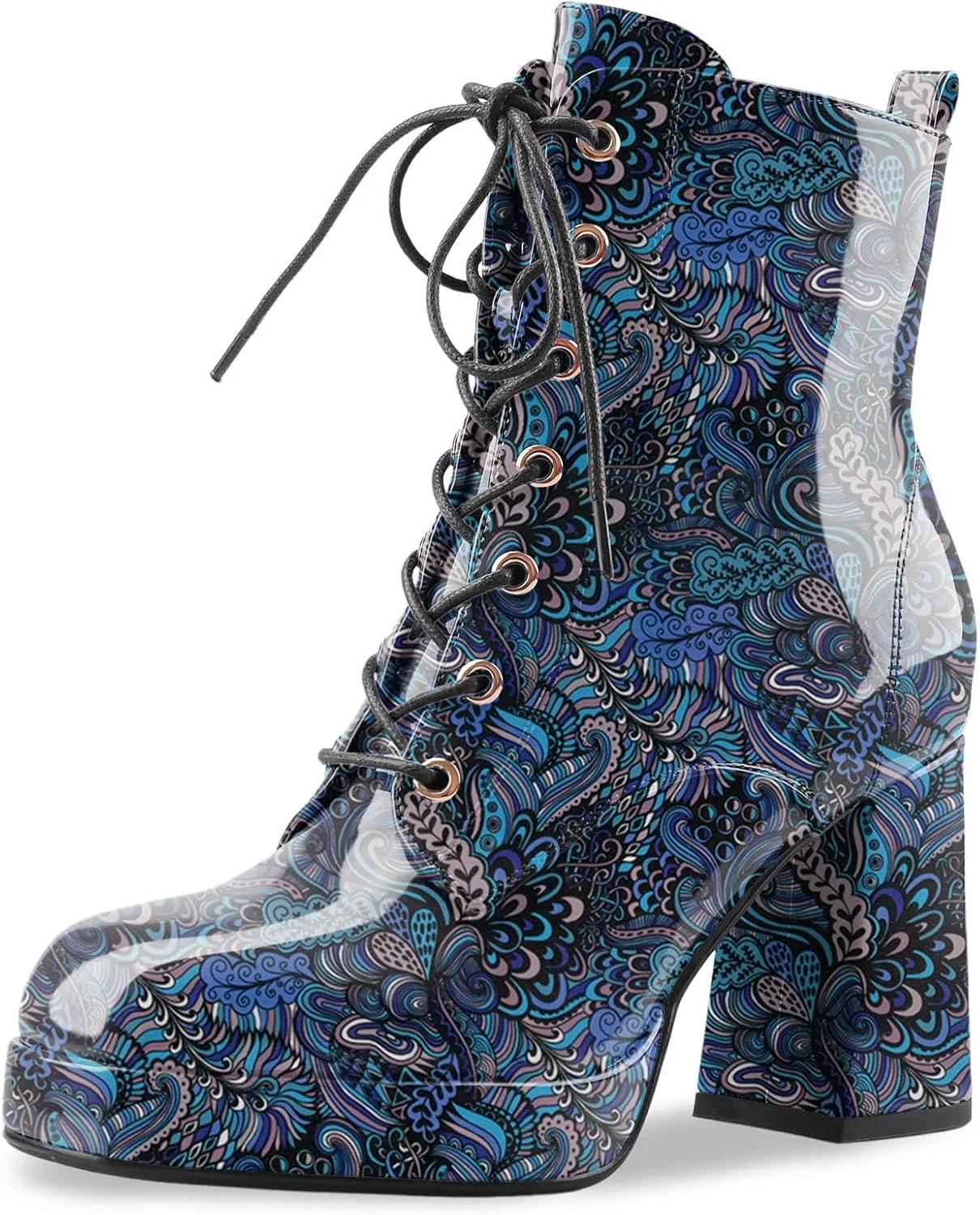 Oh Mispares Women's Platform Ankle Boots with High Chunky Heel Fashion Lace-up Square toe Patent Leather Booties