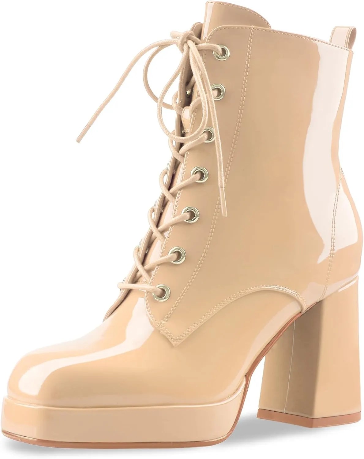 Oh Mispares Women's Platform Ankle Boots with High Chunky Heel Fashion Lace-up Square toe Patent Leather Booties