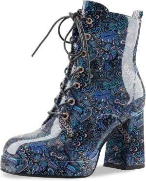 Oh Mispares Women's Platform Ankle Boots with High Chunky Heel Fashion Lace-up Square toe Patent Leather Booties