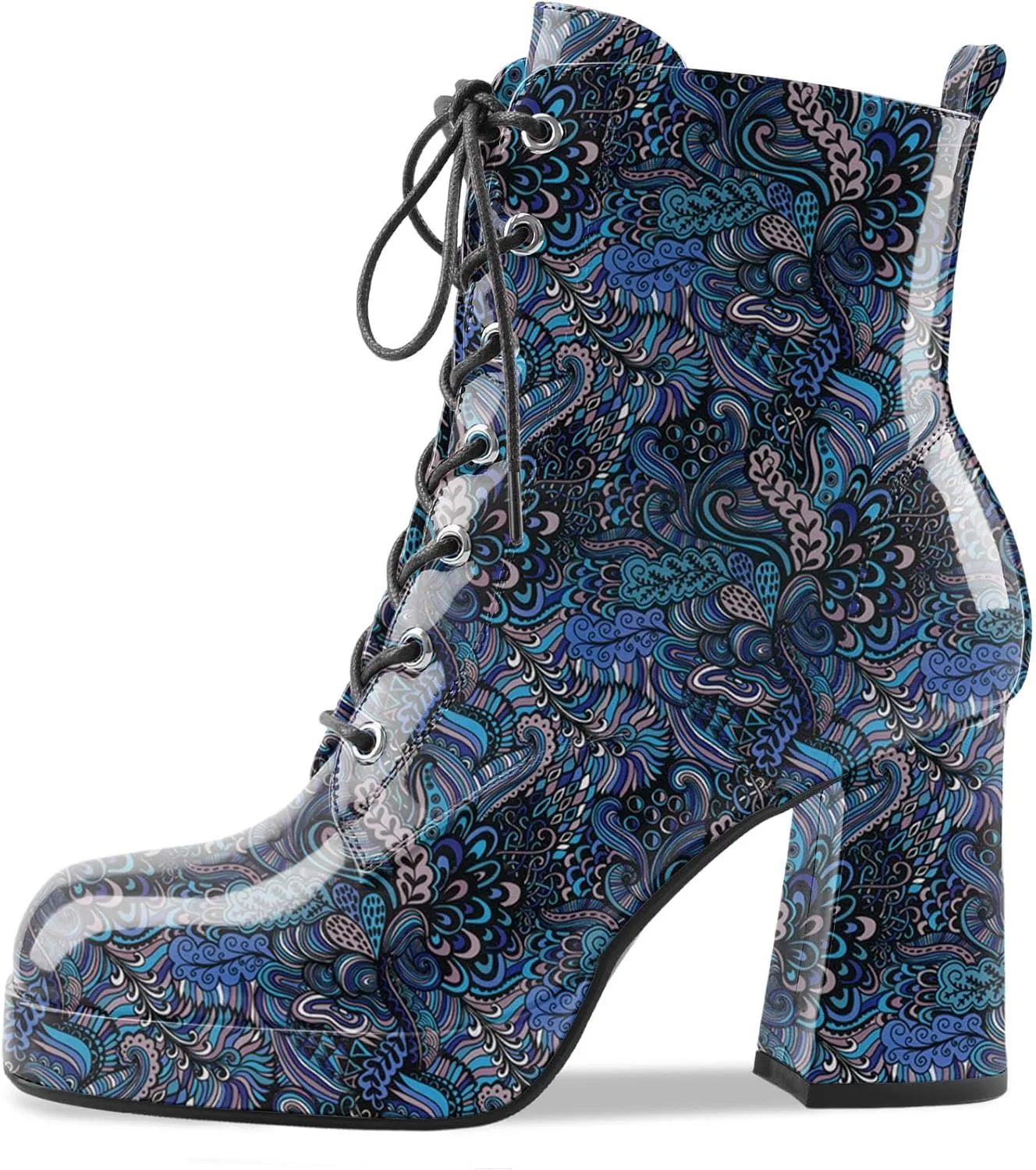 Oh Mispares Women's Platform Ankle Boots with High Chunky Heel Fashion Lace-up Square toe Patent Leather Booties
