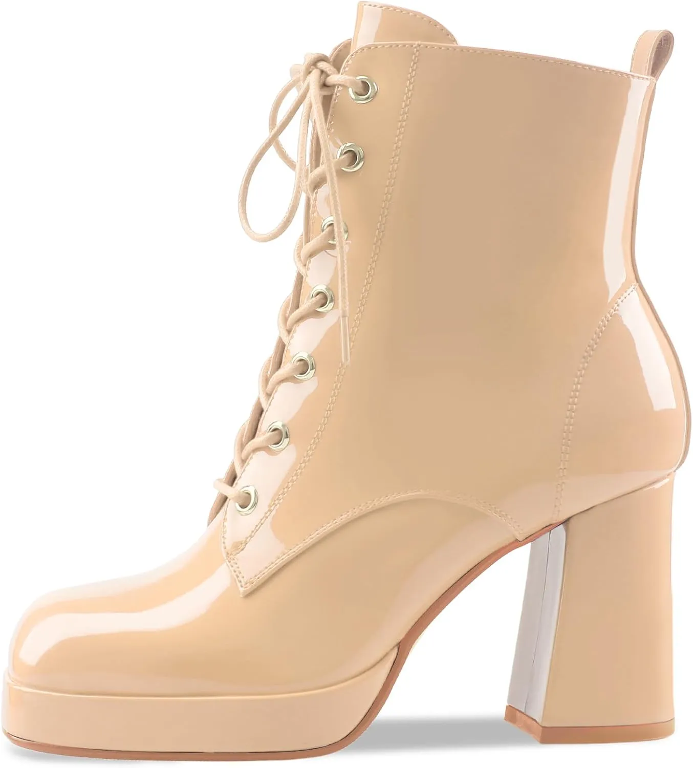 Oh Mispares Women's Platform Ankle Boots with High Chunky Heel Fashion Lace-up Square toe Patent Leather Booties