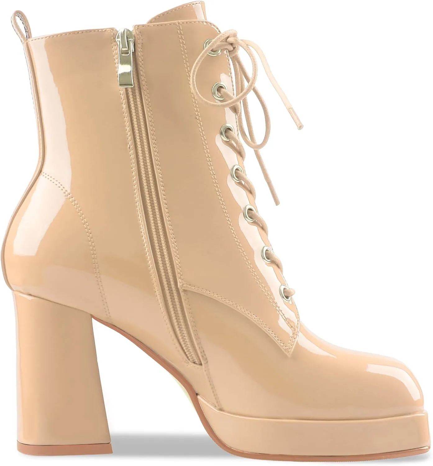 Oh Mispares Women's Platform Ankle Boots with High Chunky Heel Fashion Lace-up Square toe Patent Leather Booties