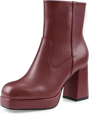 Oh Mispares Women's Platform High Chunky Heeled Ankle Boots Cozy Leather Gogo Boots Square Toe Side Zipper Booties