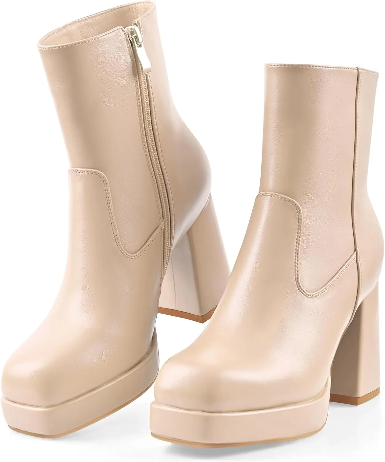 Oh Mispares Women's Platform High Chunky Heeled Ankle Boots Cozy Leather Gogo Boots Square Toe Side Zipper Booties