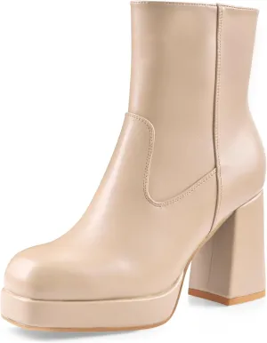 Oh Mispares Women's Platform High Chunky Heeled Ankle Boots Cozy Leather Gogo Boots Square Toe Side Zipper Booties