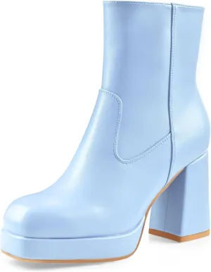 Oh Mispares Women's Platform High Chunky Heeled Ankle Boots Cozy Leather Gogo Boots Square Toe Side Zipper Booties