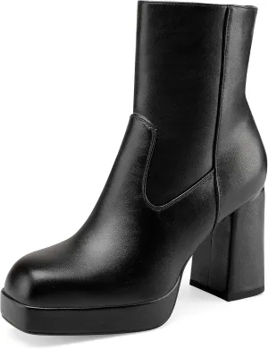 Oh Mispares Women's Platform High Chunky Heeled Ankle Boots Cozy Leather Gogo Boots Square Toe Side Zipper Booties