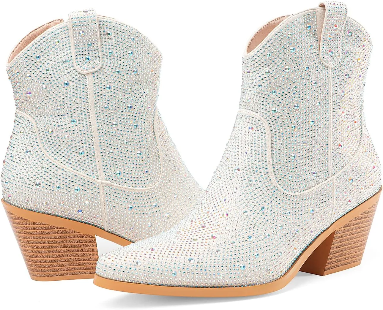 Oh Mispares Women's Sparkly Glitter Rhinestone Cowboy Ankle Boots Western Pointed Toe Low Block Heel Cowgirl Booties with Zipper