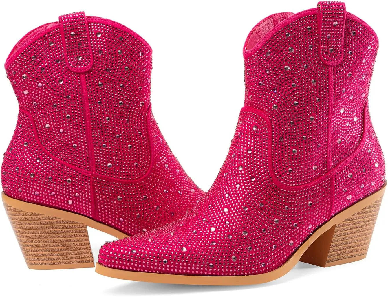 Oh Mispares Women's Sparkly Glitter Rhinestone Cowboy Ankle Boots Western Pointed Toe Low Block Heel Cowgirl Booties with Zipper