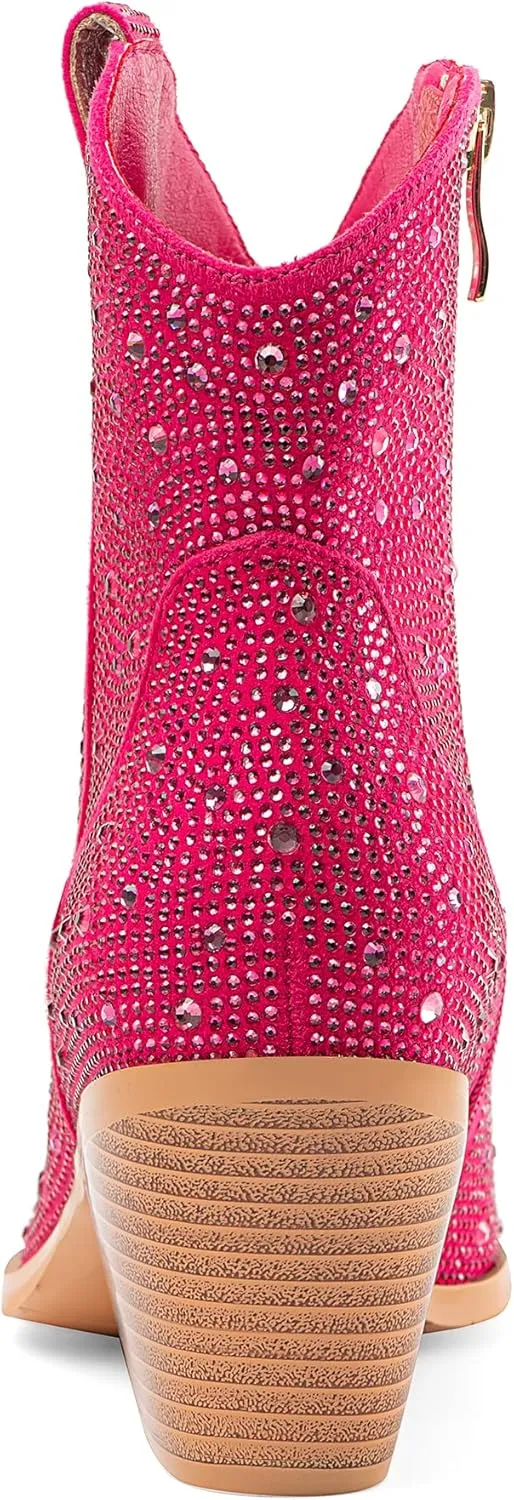 Oh Mispares Women's Sparkly Glitter Rhinestone Cowboy Ankle Boots Western Pointed Toe Low Block Heel Cowgirl Booties with Zipper