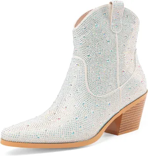 Oh Mispares Women's Sparkly Glitter Rhinestone Cowboy Ankle Boots Western Pointed Toe Low Block Heel Cowgirl Booties with Zipper