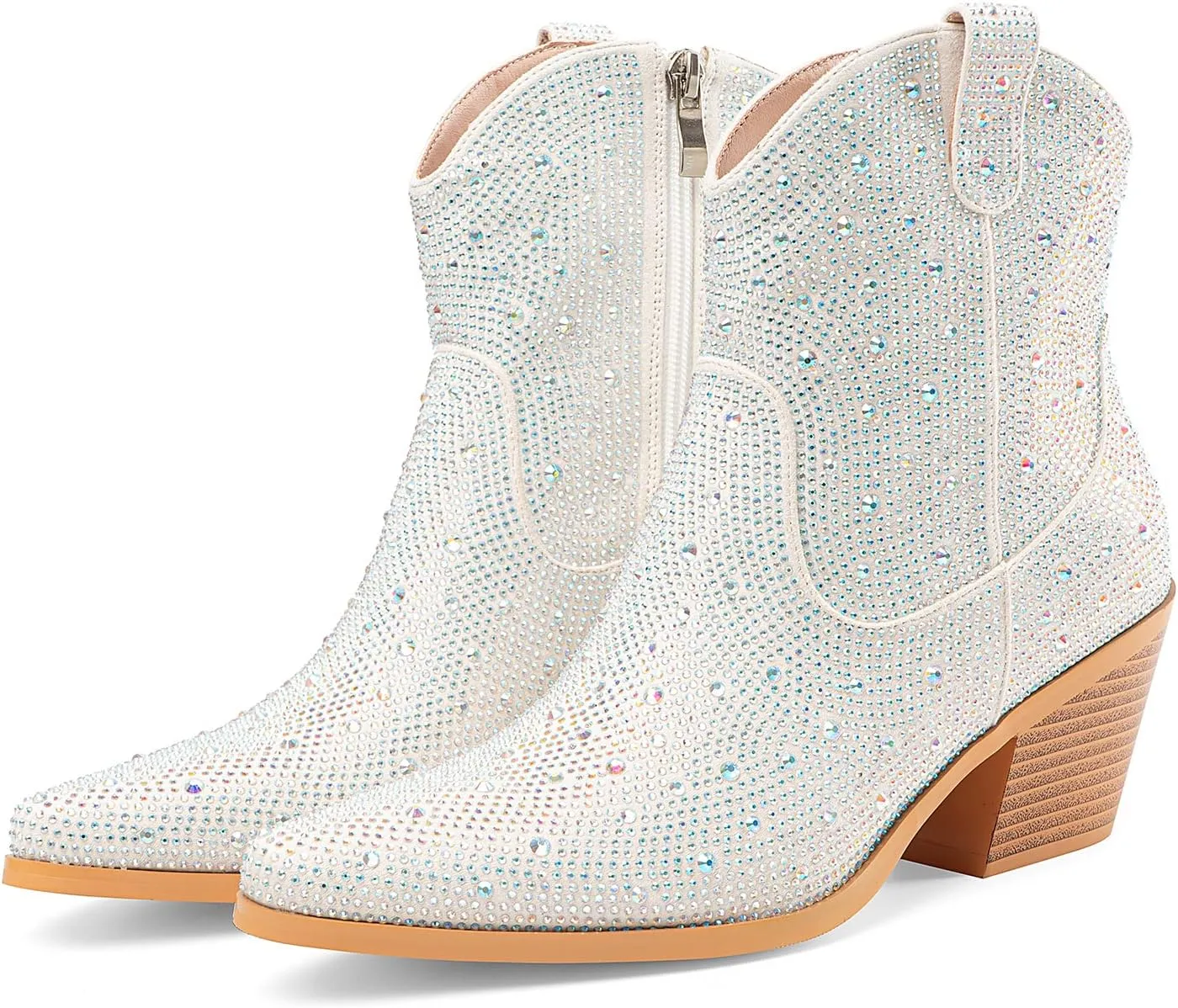 Oh Mispares Women's Sparkly Glitter Rhinestone Cowboy Ankle Boots Western Pointed Toe Low Block Heel Cowgirl Booties with Zipper