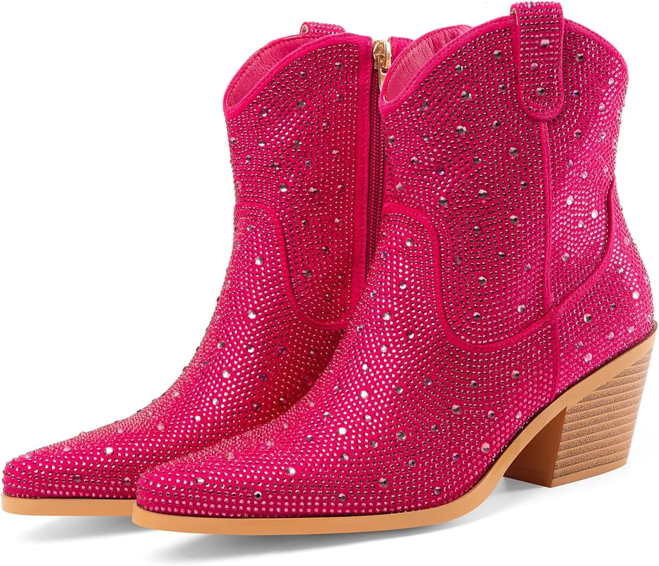 Oh Mispares Women's Sparkly Glitter Rhinestone Cowboy Ankle Boots Western Pointed Toe Low Block Heel Cowgirl Booties with Zipper