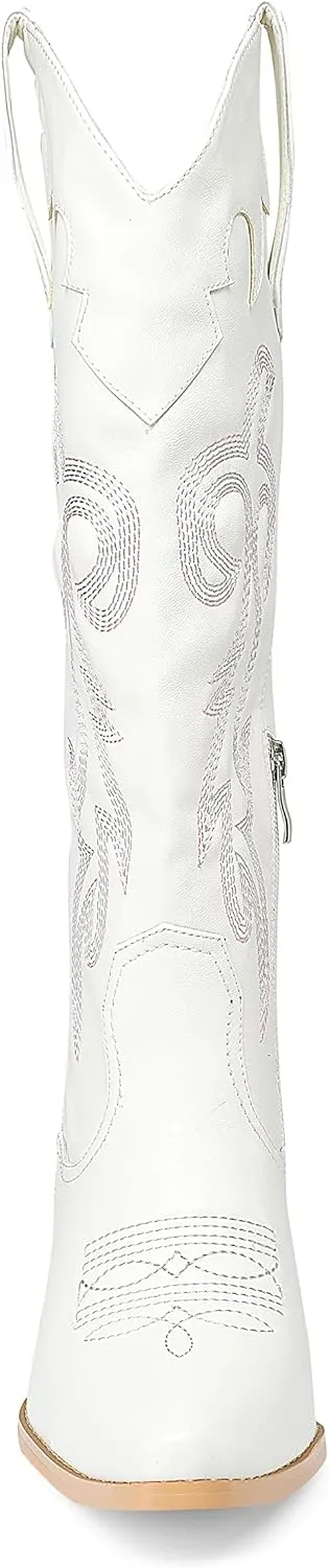 Oh Mispares Women's Western Style Knee High Cowgirl Boots Embroidered Wide Calf Pointed Toe Chunky Block Heel Cowboy Boots