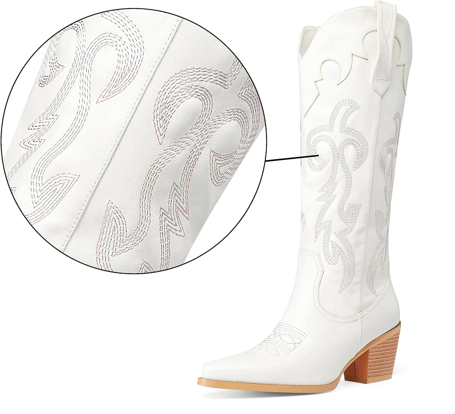 Oh Mispares Women's Western Style Knee High Cowgirl Boots Embroidered Wide Calf Pointed Toe Chunky Block Heel Cowboy Boots