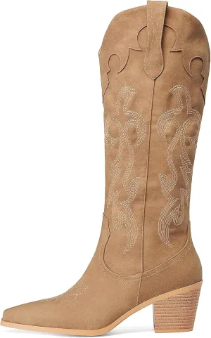 Oh Mispares Women's Western Style Knee High Cowgirl Boots Embroidered Wide Calf Pointed Toe Chunky Block Heel Cowboy Boots