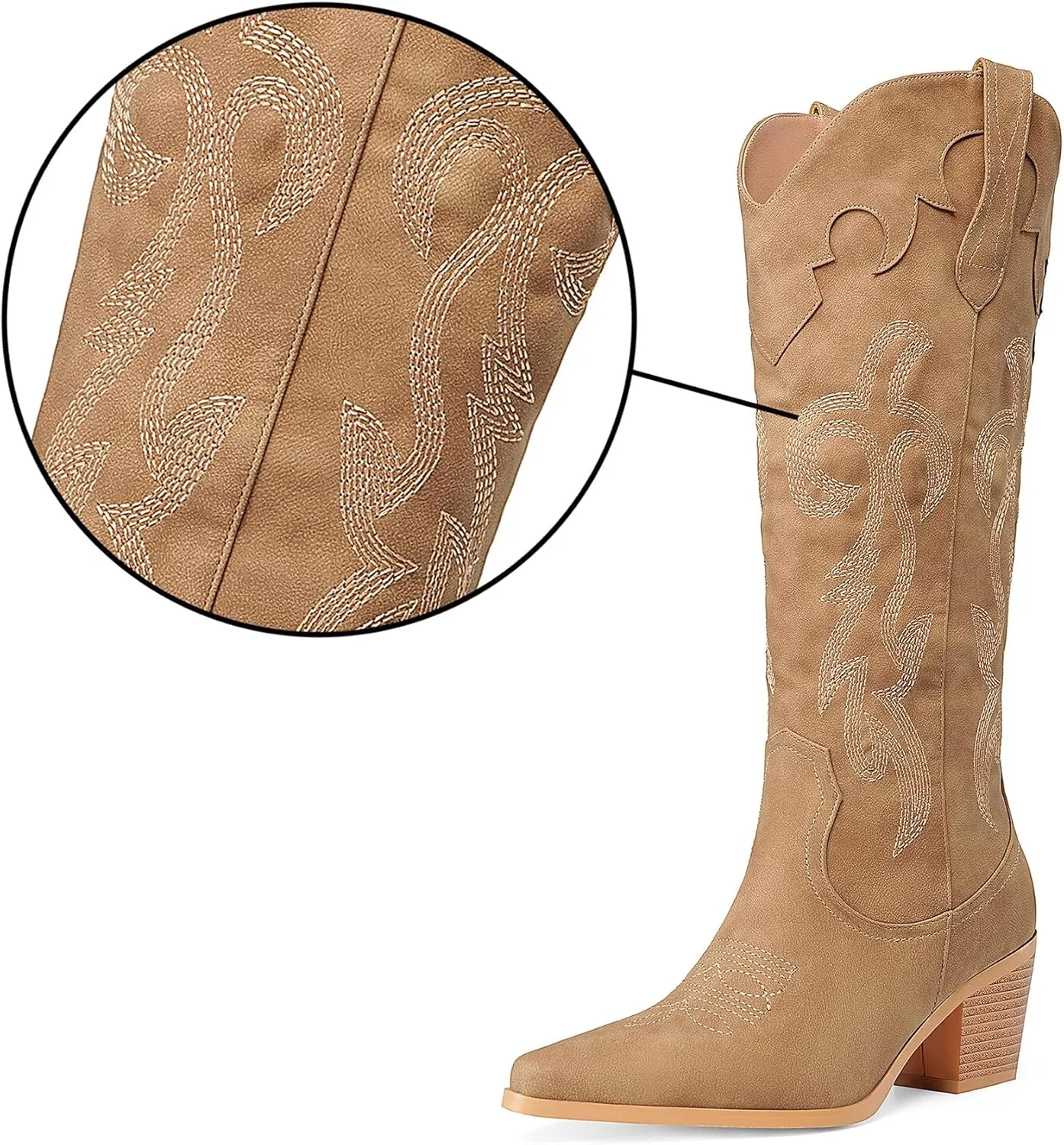 Oh Mispares Women's Western Style Knee High Cowgirl Boots Embroidered Wide Calf Pointed Toe Chunky Block Heel Cowboy Boots
